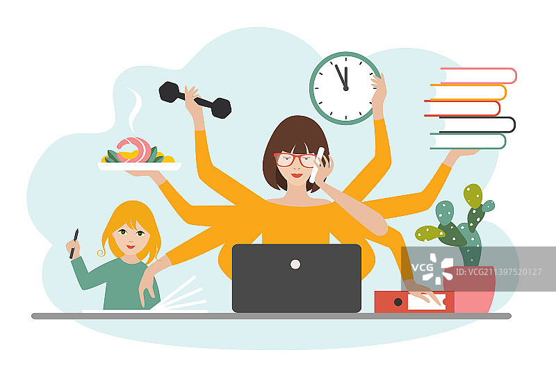 兼顾多项任务的职业女性与孩子图片素材