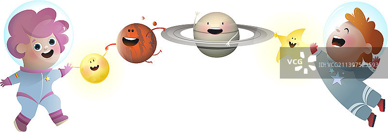 儿童宇航员与行星和星星的奇幻世界图片素材