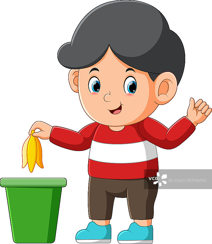 男孩正在把香蕉皮扔进垃圾桶图片素材