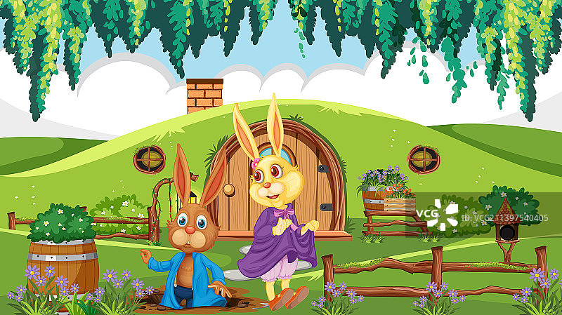 霍比特人小屋旁的兔子图片素材
