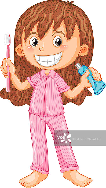 穿睡衣的女孩拿着牙刷和牙膏图片素材
