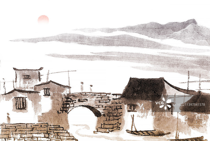 秋天的江南传统建筑房子小桥流水人家乡村风景图片素材