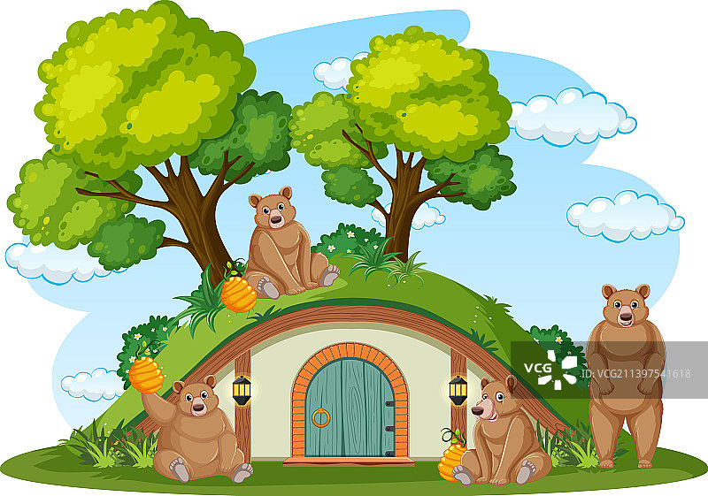 白色背景上的霍比特人小屋旁的熊图片素材