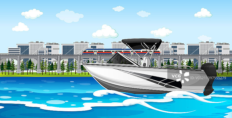 带有快艇的河边城市风光图片素材