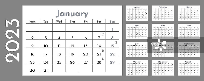 带月相周的2023年日历模板图片素材