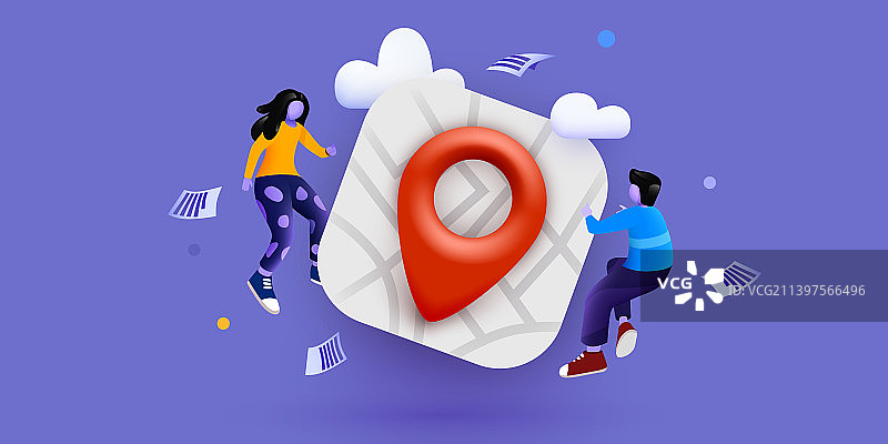 围绕着带有地图图钉的大地图飞行的小人图片素材