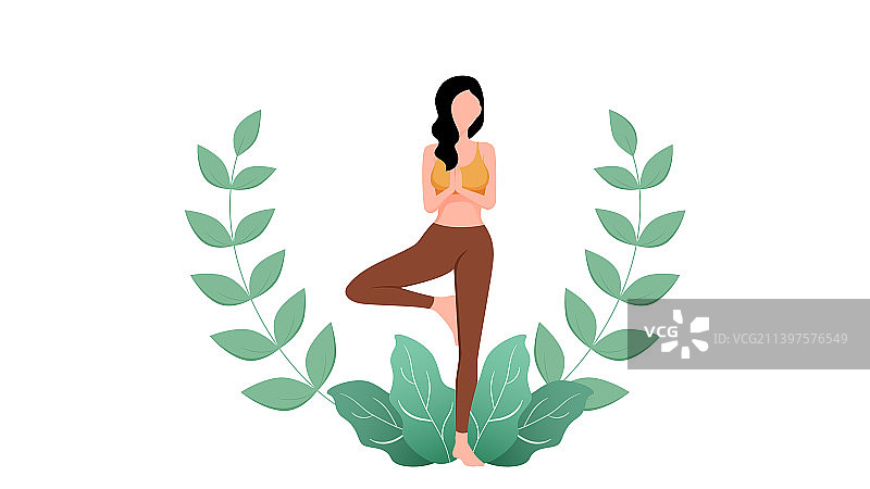 扁平风格女孩瑜伽姿势与树叶图片素材