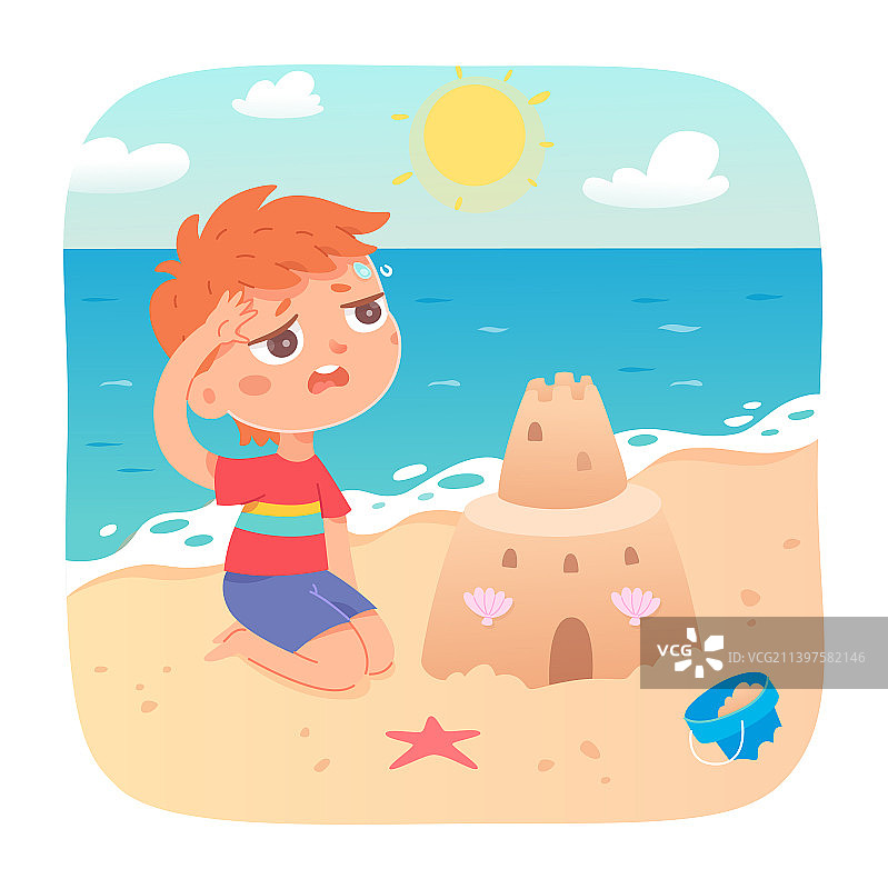 可爱的男孩在夏日海滩中暑图片素材