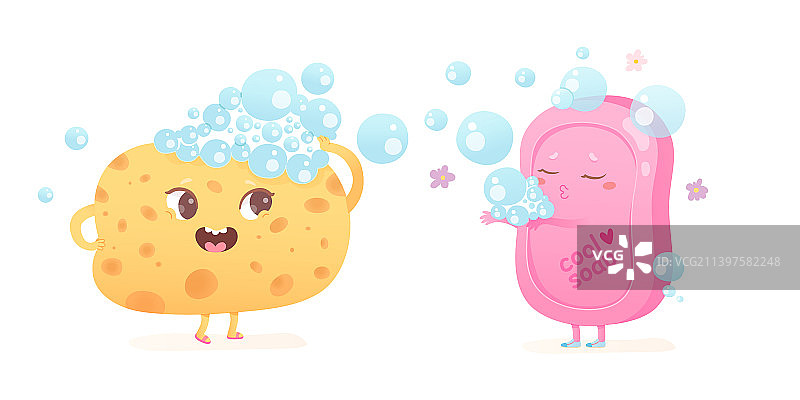 可爱的海绵和肥皂人物，用于卫生图片素材