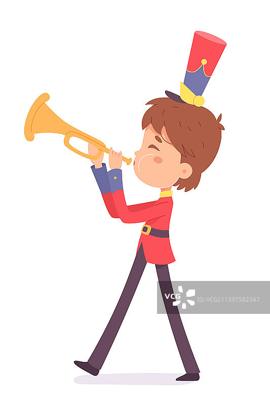 吹着号角，演奏着欢快音乐并前进的小孩图片素材