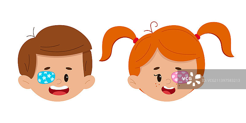 弱视眼罩在男孩和女孩脸上图片素材