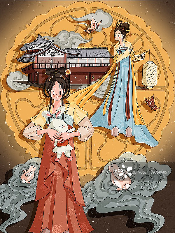 中秋节儿童创意照嫦娥广寒宫玉兔月饼图片素材