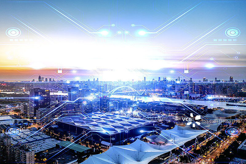 上海卢浦大桥城市建筑风光大数据概念和科技智慧城市图片素材