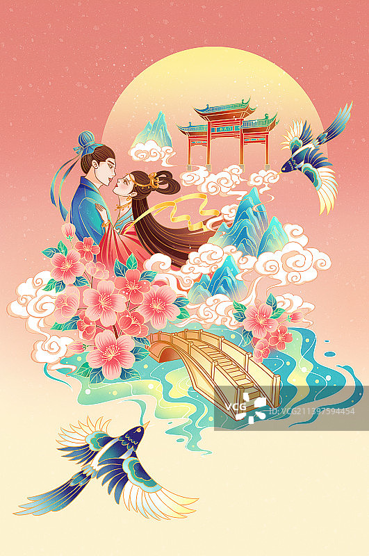 国风插画七夕牛郎织女图片素材