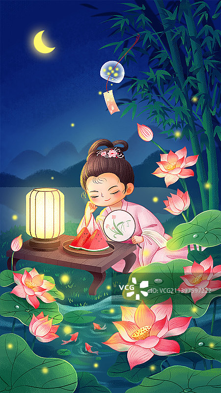 夏日荷花萤火虫插画图片素材
