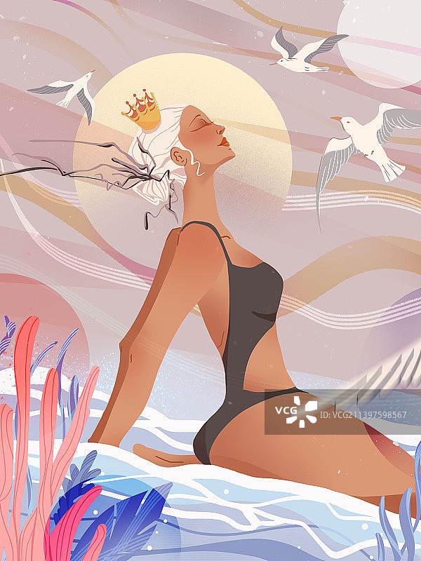 海边美女时尚扁平装饰插画图片素材