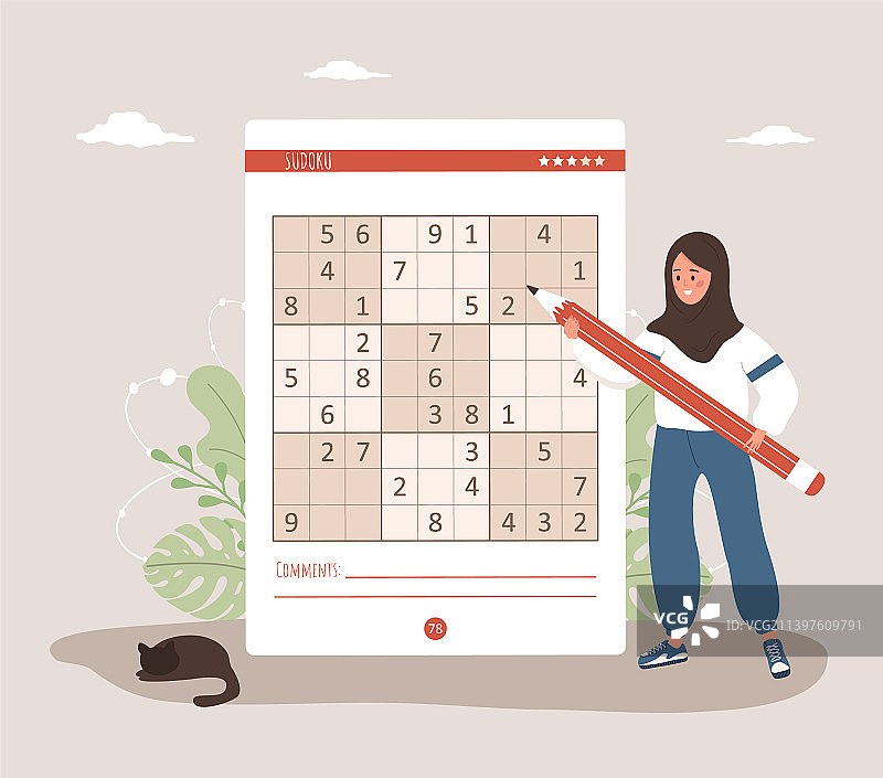 阿拉伯女性与巨型铅笔的数独游戏图片素材