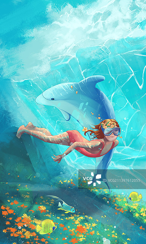 跳进大海，在大海潜水游泳，与海豚共舞图片素材