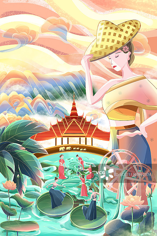 云南西双版纳城市文化商业插画图片素材