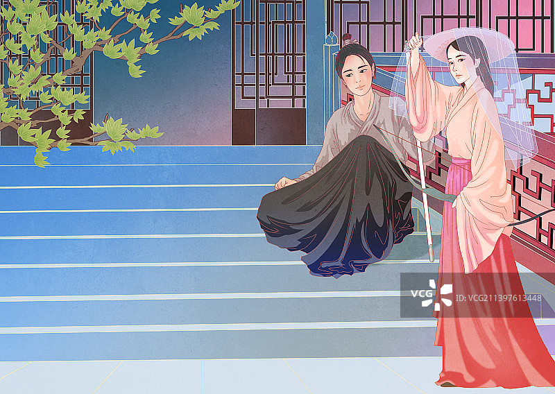 中国国潮国风新中式汉服人物插画背景展板图片素材