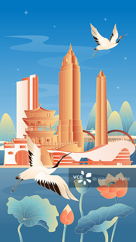 九江城市国潮竖版插画图片素材