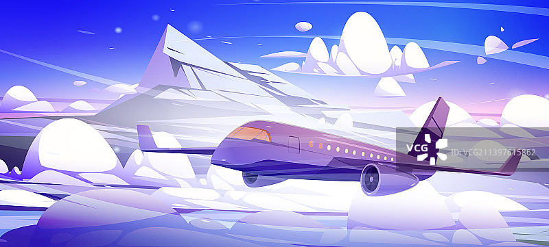 飞机飞过山附近蓬松的白云图片素材