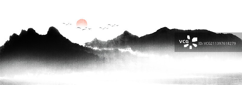 新中式风格水墨山水风景插画图片素材