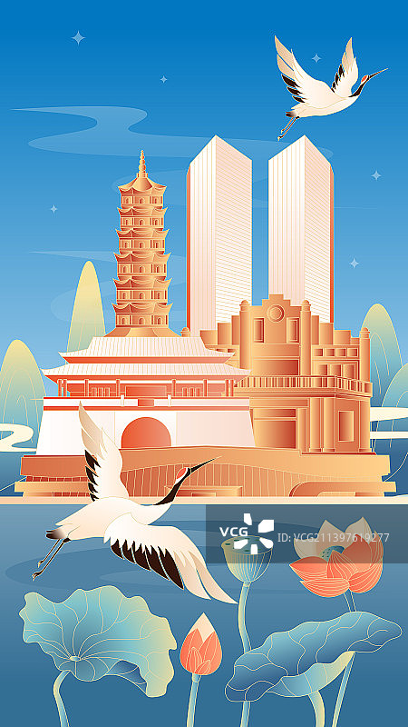 安庆城市国潮竖版插画图片素材