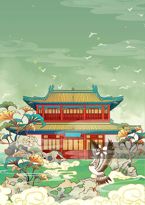 天津地标古建筑国风插画玉皇阁图片素材