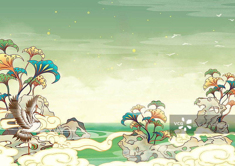 太湖石植物国风插画背景图片素材