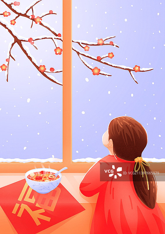 冬季新年腊八节女孩在窗前赏梅赏雪风景插画图片素材