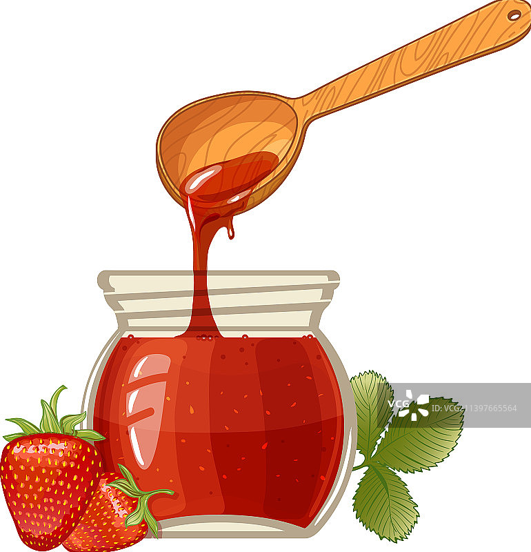草莓酱果和木勺罐子图片素材
