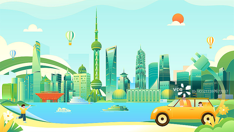 上海陆家嘴外滩建筑风景低碳环保矢量插画横图图片素材