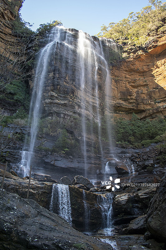 森林中的瀑布仰视角度，新南威尔士州温特沃斯瀑布，澳大利亚图片素材
