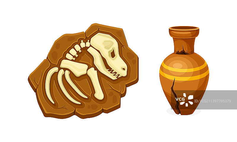 古代陶瓶与恐龙骨骼图片素材