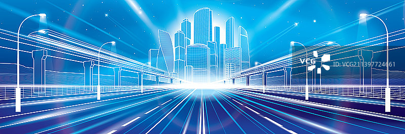 夜间高速公路霓虹灯城市商业城镇图片素材