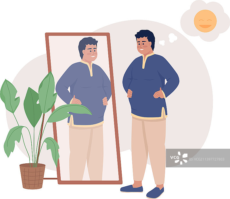 在镜子附近超重的快乐男人2.5D隔离图片素材