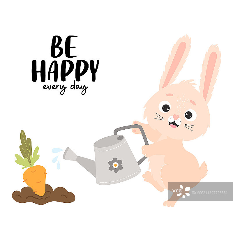 可爱的兔子用水壶给胡萝卜浇水图片素材