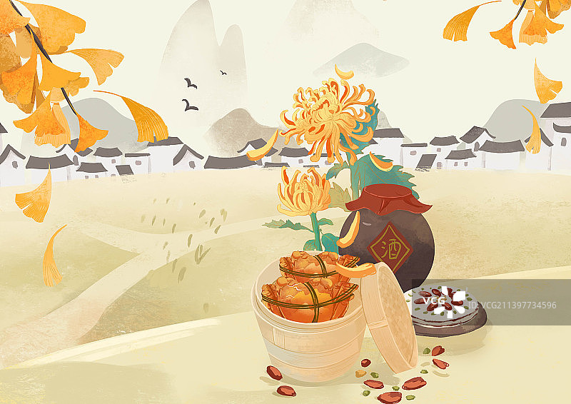 重阳节大闸蟹重阳糕菊花银杏中秋乡村秋天秋分田野中国风插画图片素材