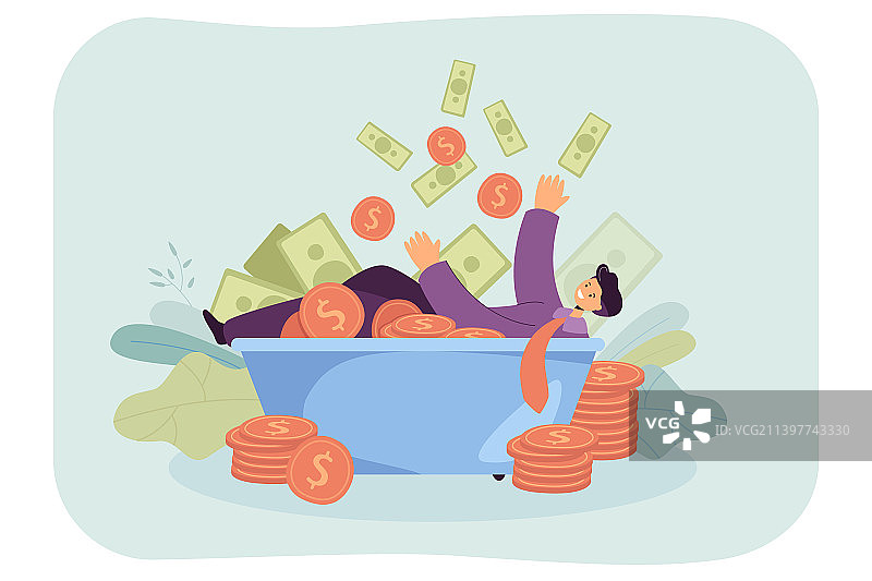 卡通百万富翁躺在浴缸里图片素材