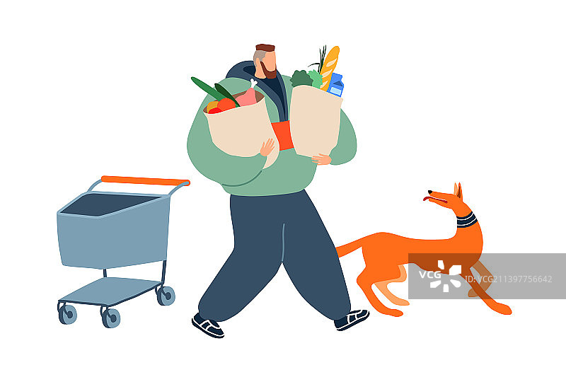 一个男人带着他的狗走出超市图片素材