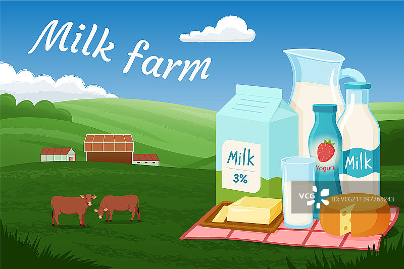 农场风景：绿色土地与乳制品图片素材