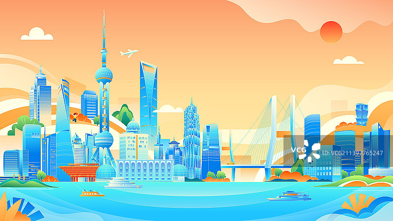 上海外滩陆家嘴地标建筑矢量插画横图图片素材