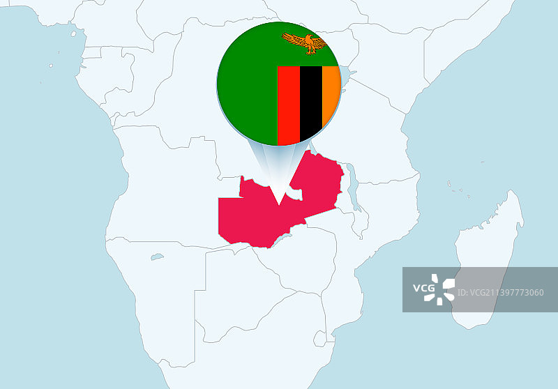 带有选定的赞比亚地图和赞比亚国旗的非洲图片素材