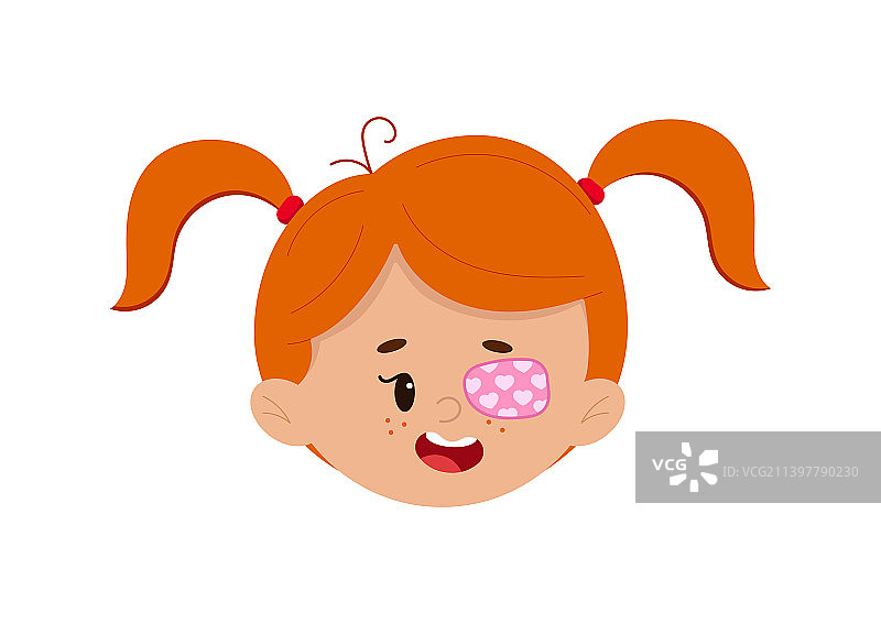 白色背景上患有弱视的女孩脸上的眼罩图片素材