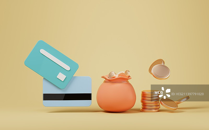 银行卡与钱罐金币三维渲染图片素材