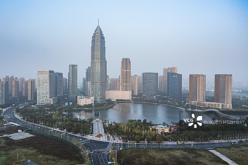 航拍绍兴迪荡新城现代城市风光图片素材