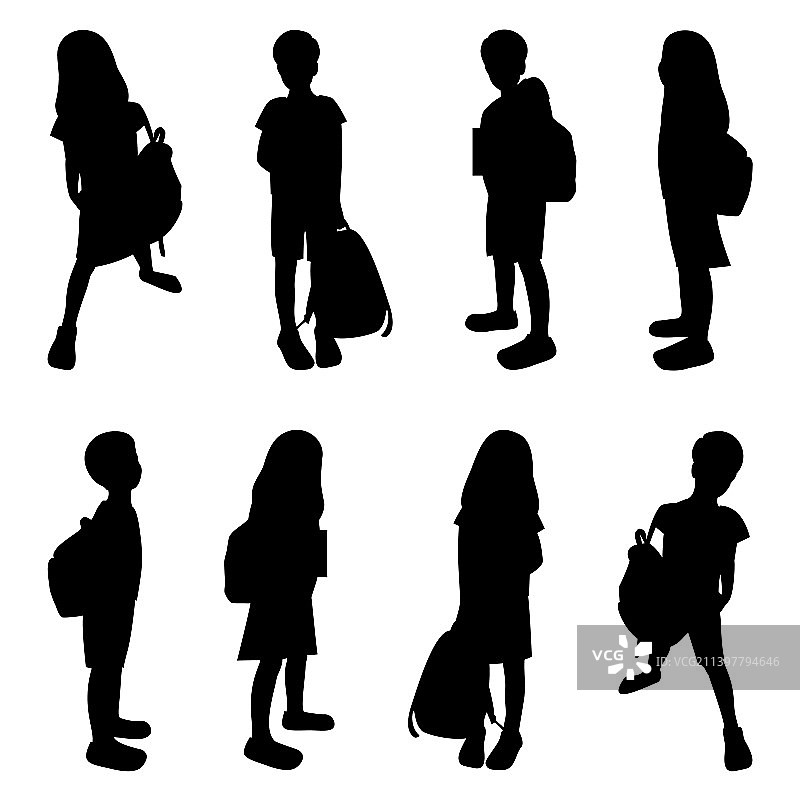 背着书包的儿童黑色剪影合集图片素材