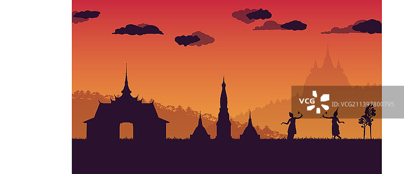 传统泰国舞蹈和宝塔的剪影图片素材
