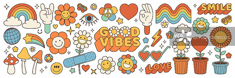 嬉皮士70年代卡通趣味花朵贴纸图片素材